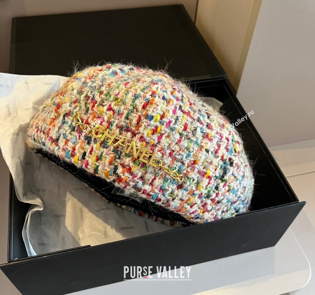 Chanel Tweed Beret Hat with Chain Multicolor 2024 1019011 (XMN-241019029)