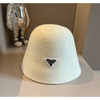 Prada Knit Bucket Hat with Logo and Bow White 2024 1019015 (XMN-241019047)