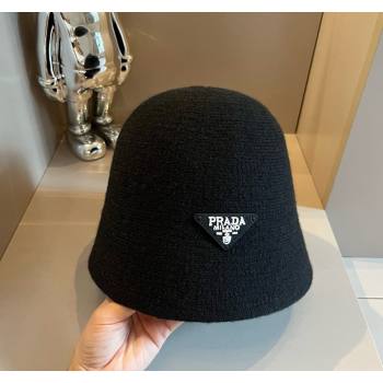 Prada Knit Bucket Hat with Logo and Bow Black 2024 1019015 (XMN-241019048)