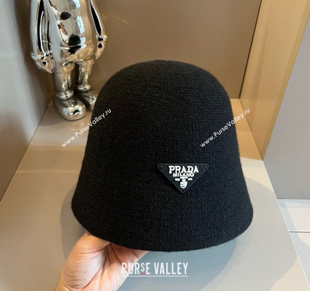 Prada Knit Bucket Hat with Logo and Bow Black 2024 1019015 (XMN-241019048)