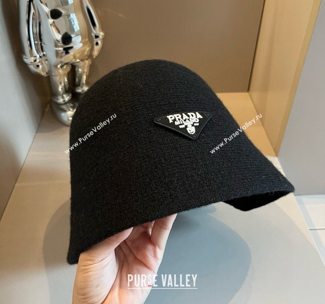 Prada Knit Bucket Hat with Logo and Bow Black 2024 1019015 (XMN-241019048)