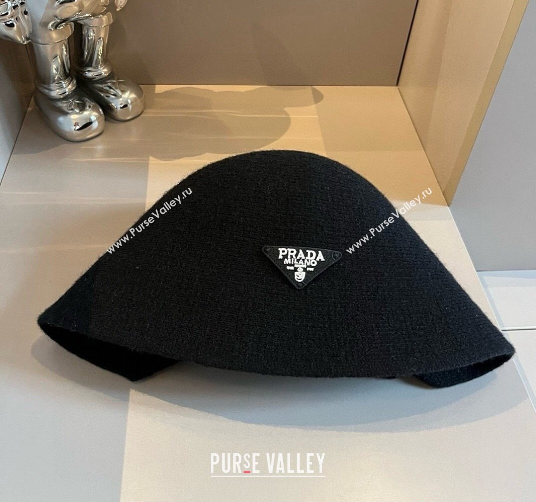 Prada Knit Bucket Hat with Logo and Bow Black 2024 1019015 (XMN-241019048)