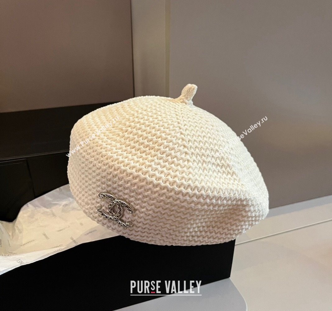 Chanel Knit Beret Hat with Strass CC White 2024 1019017 (XMN-241019052)