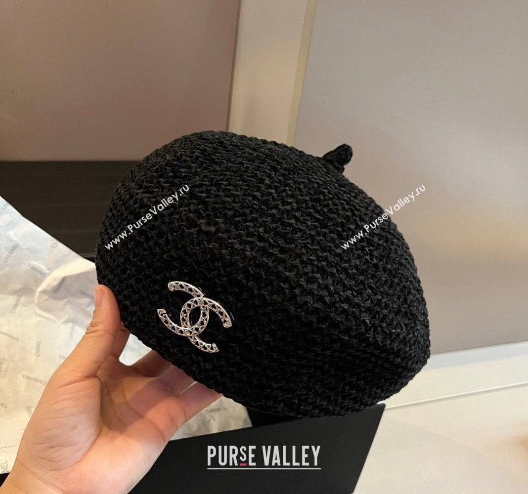 Chanel Knit Beret Hat with Strass CC Black 2024 1019017 (XMN-241019053)