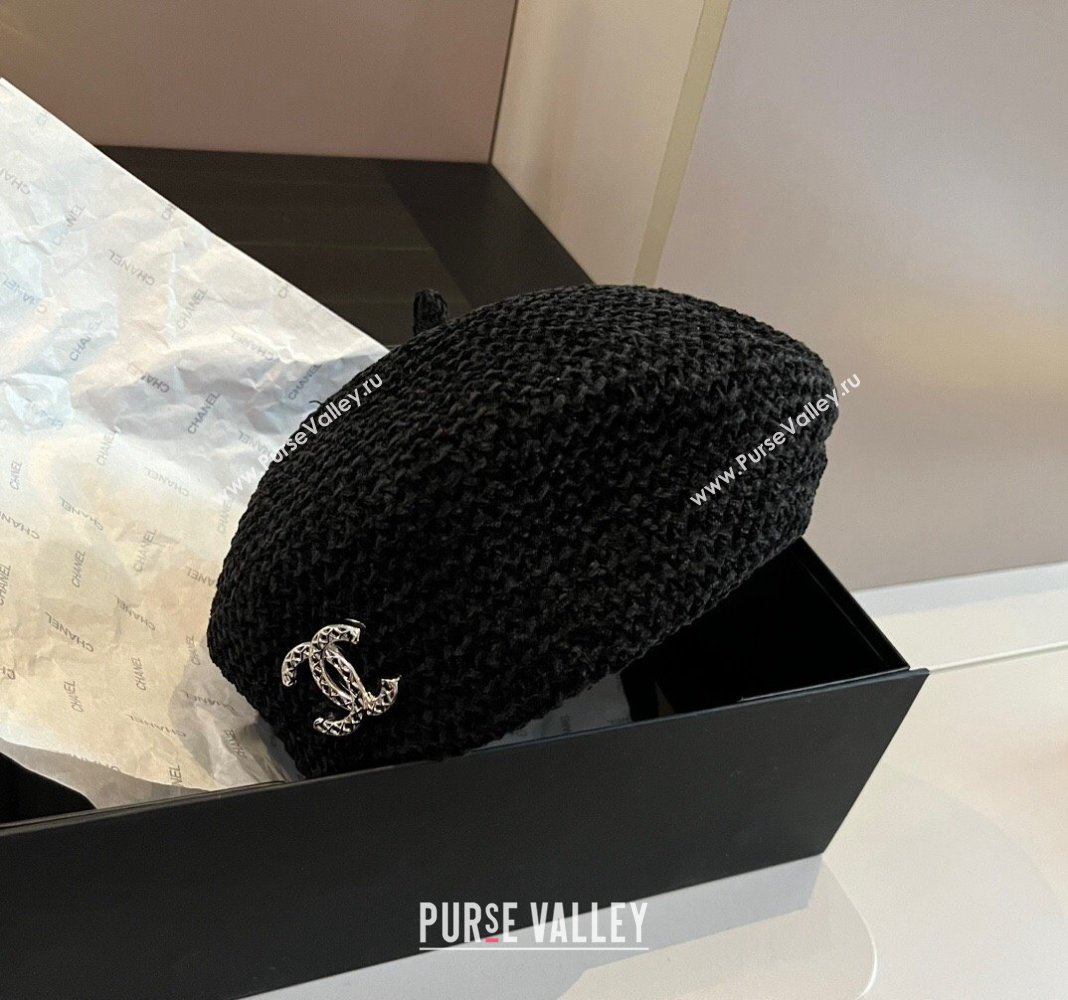 Chanel Knit Beret Hat with Strass CC Black 2024 1019017 (XMN-241019053)