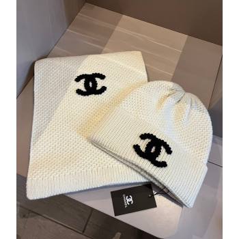 Chanel Knit hat and Scarf Set with Maxi CC White 2024 1019001 (XMN-241019001)