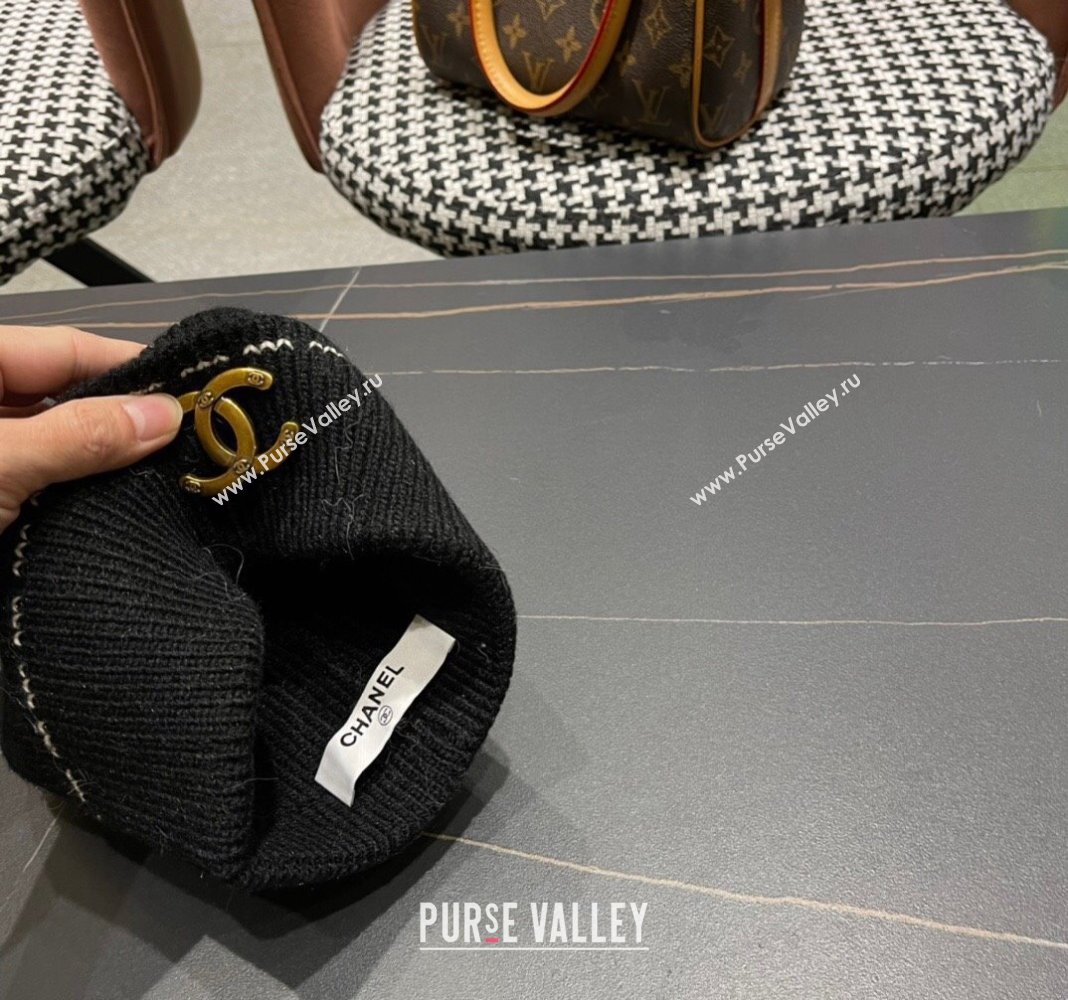 Chanel Knit Hat with Metal CC Black 2024 1019025 (A-241019083)