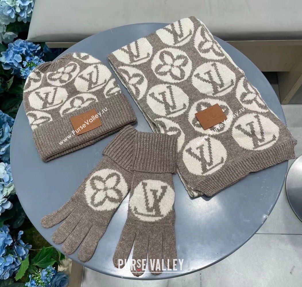 Louis Vuitton Knit Scarf, Hat and Gloves Set Khaki 2024 1129 (A-241129010)