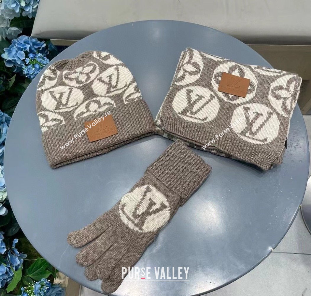 Louis Vuitton Knit Scarf, Hat and Gloves Set Khaki 2024 1129 (A-241129010)