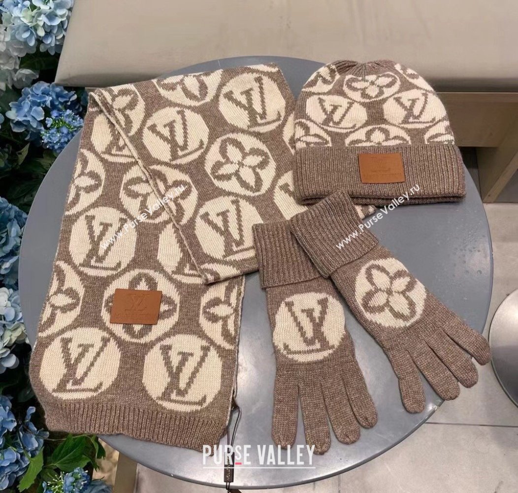 Louis Vuitton Knit Scarf, Hat and Gloves Set Khaki 2024 1129 (A-241129010)