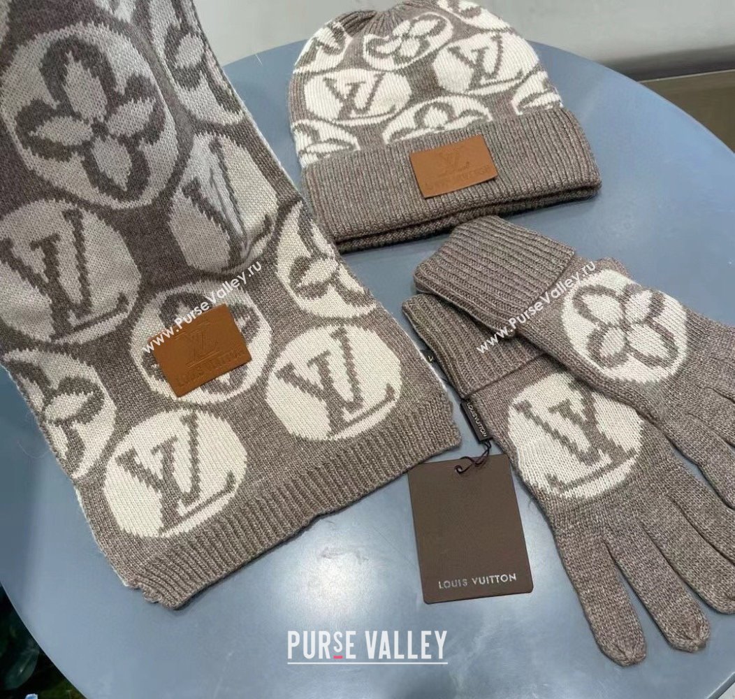 Louis Vuitton Knit Scarf, Hat and Gloves Set Khaki 2024 1129 (A-241129010)