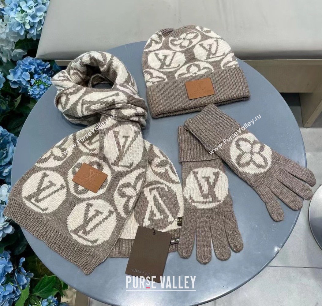 Louis Vuitton Knit Scarf, Hat and Gloves Set Khaki 2024 1129 (A-241129010)