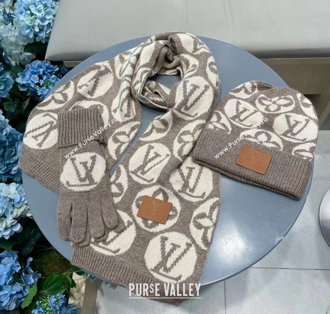 Louis Vuitton Knit Scarf, Hat and Gloves Set Khaki 2024 1129 (A-241129010)