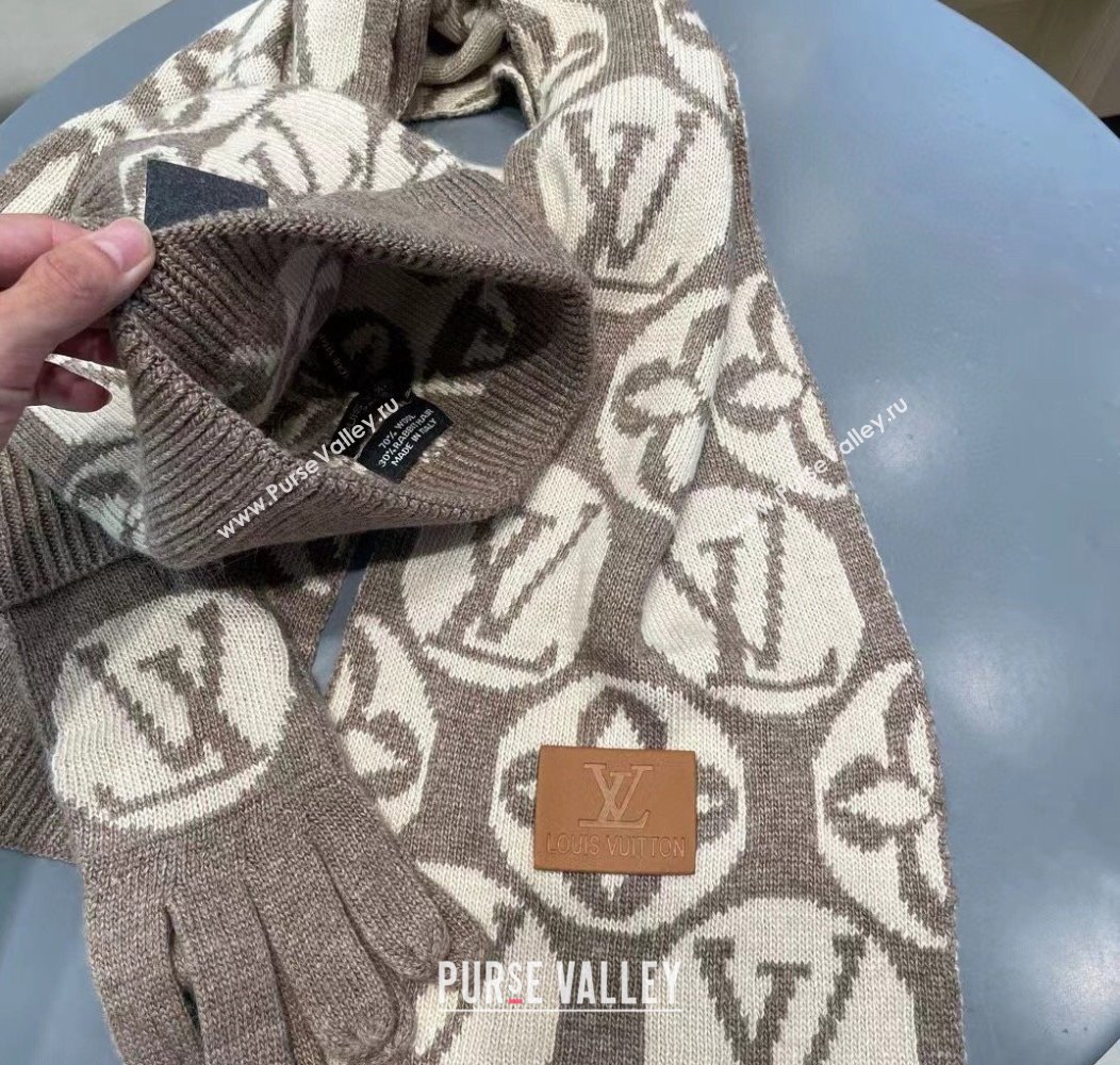 Louis Vuitton Knit Scarf, Hat and Gloves Set Khaki 2024 1129 (A-241129010)