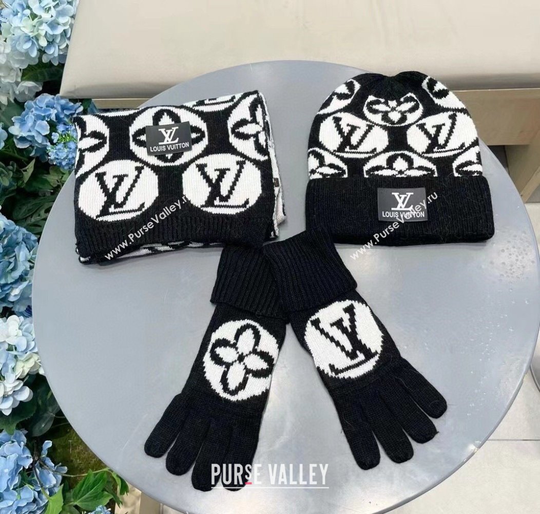 Louis Vuitton Knit Scarf, Hat and Gloves Set Black 2024 1129 (A-241129011)