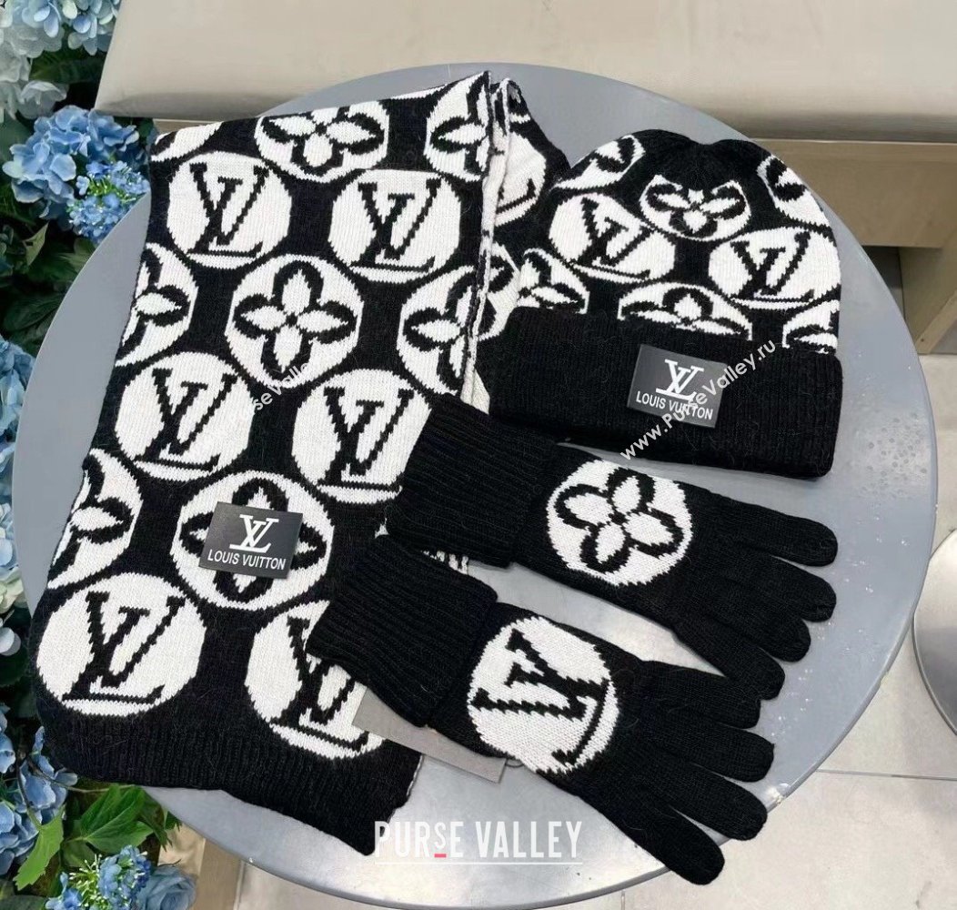 Louis Vuitton Knit Scarf, Hat and Gloves Set Black 2024 1129 (A-241129011)