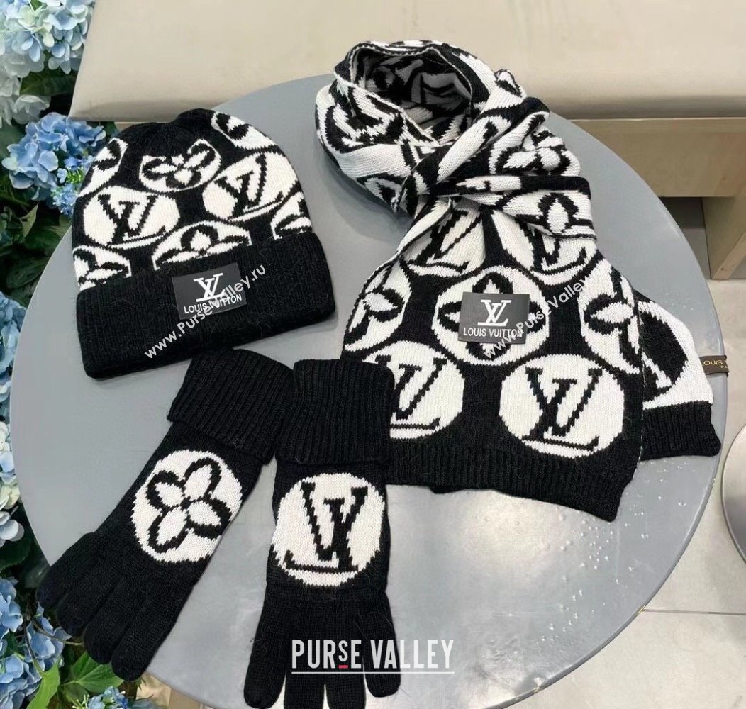 Louis Vuitton Knit Scarf, Hat and Gloves Set Black 2024 1129 (A-241129011)