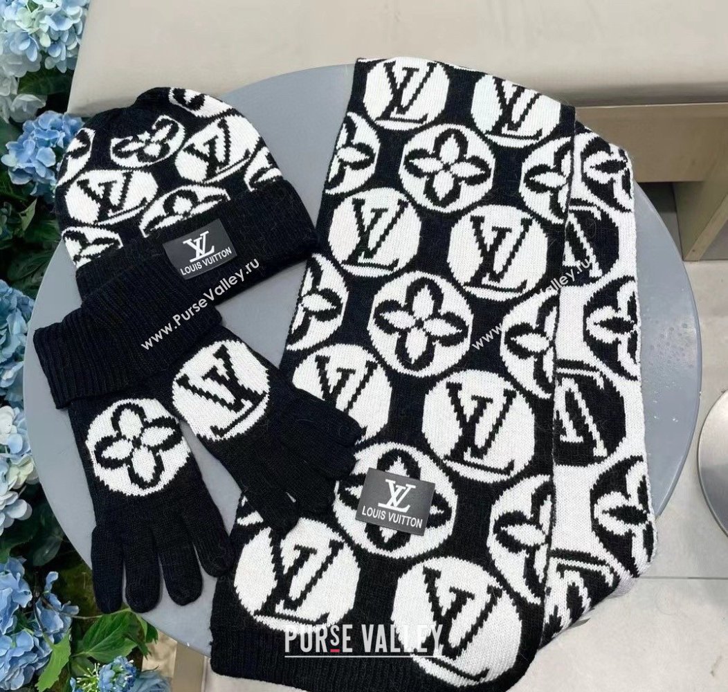 Louis Vuitton Knit Scarf, Hat and Gloves Set Black 2024 1129 (A-241129011)