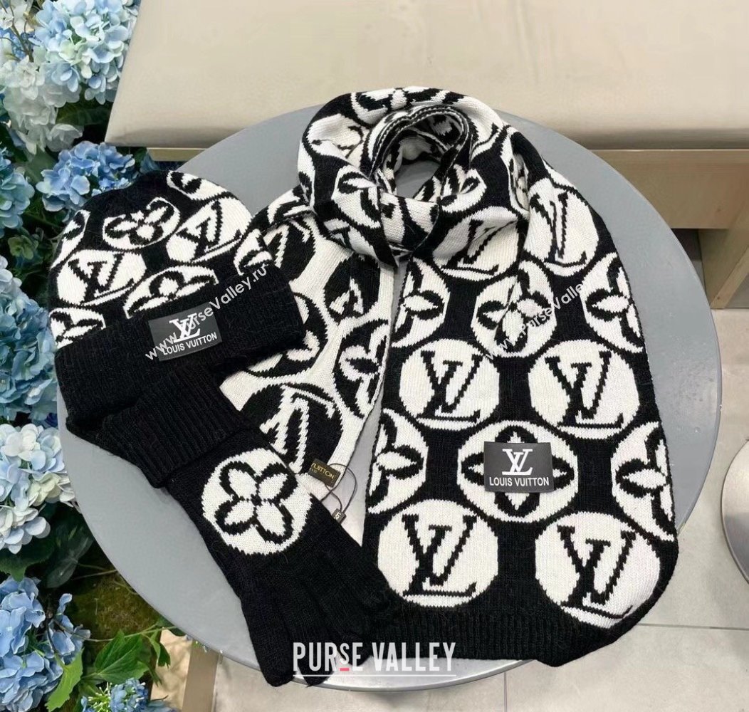 Louis Vuitton Knit Scarf, Hat and Gloves Set Black 2024 1129 (A-241129011)