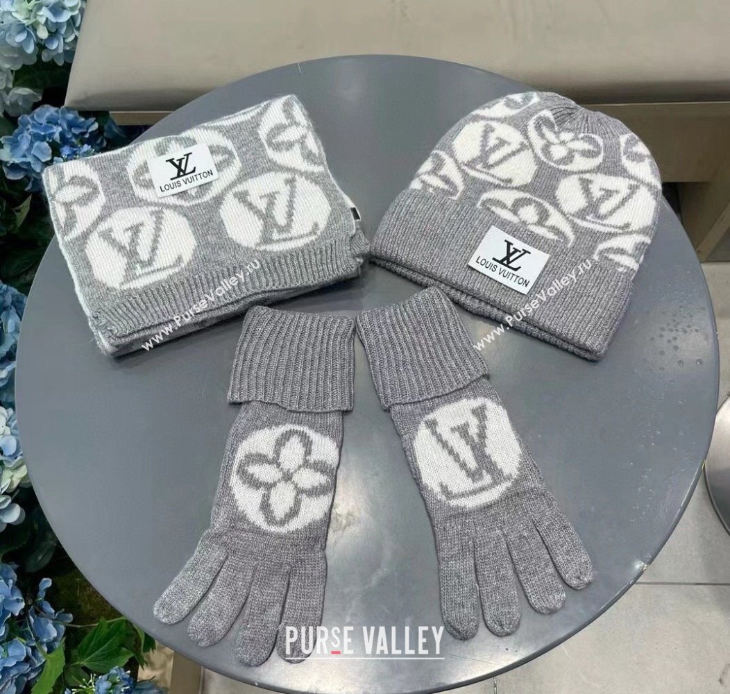 Louis Vuitton Knit Scarf, Hat and Gloves Set Grey 2024 1129 (A-241129012)