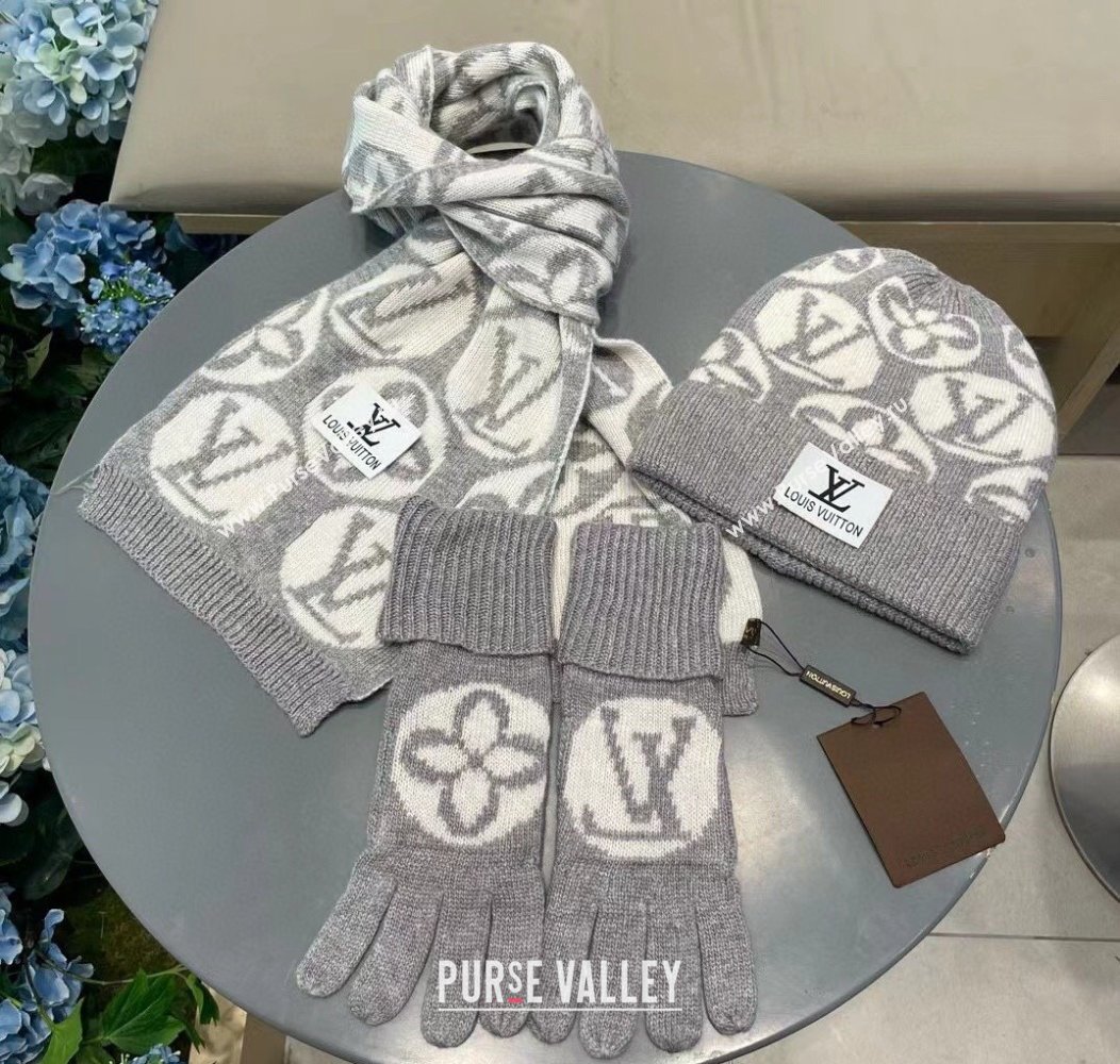 Louis Vuitton Knit Scarf, Hat and Gloves Set Grey 2024 1129 (A-241129012)