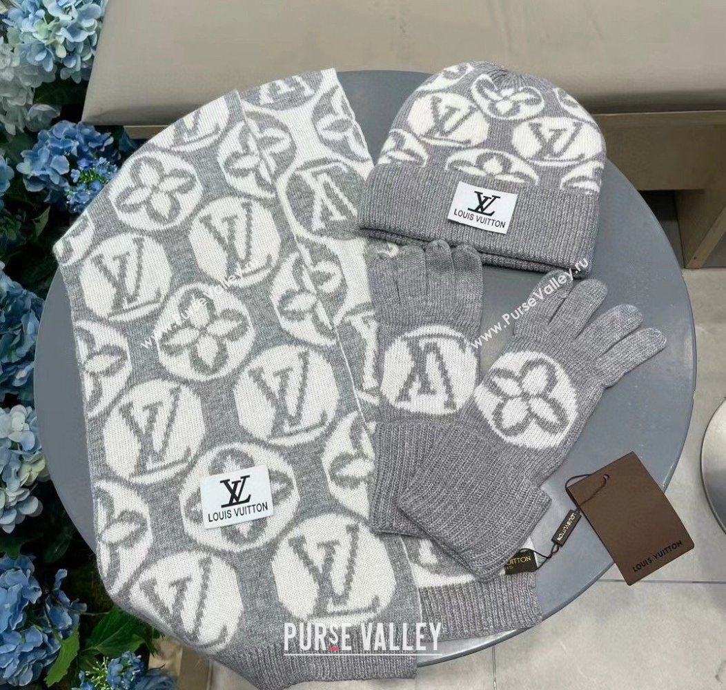 Louis Vuitton Knit Scarf, Hat and Gloves Set Grey 2024 1129 (A-241129012)