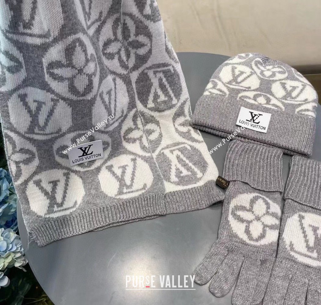 Louis Vuitton Knit Scarf, Hat and Gloves Set Grey 2024 1129 (A-241129012)