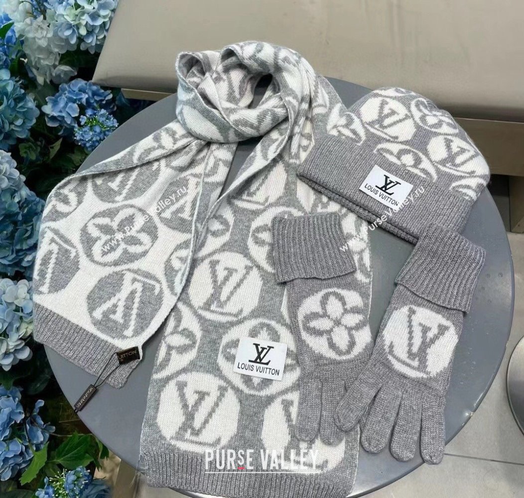 Louis Vuitton Knit Scarf, Hat and Gloves Set Grey 2024 1129 (A-241129012)