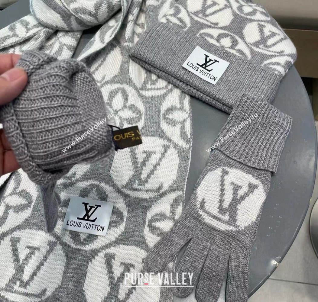 Louis Vuitton Knit Scarf, Hat and Gloves Set Grey 2024 1129 (A-241129012)