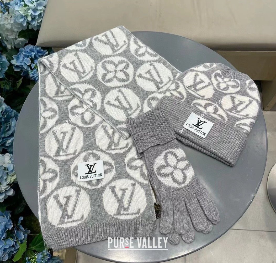 Louis Vuitton Knit Scarf, Hat and Gloves Set Grey 2024 1129 (A-241129012)