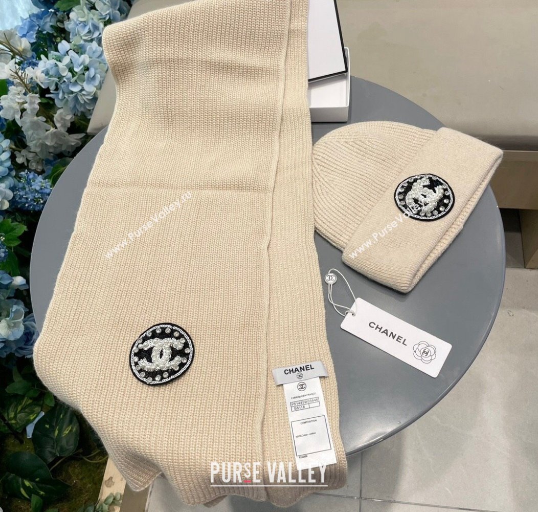 Chanel Knit Scarf and Hat Set Beige 2024 1129 (A-241129015)