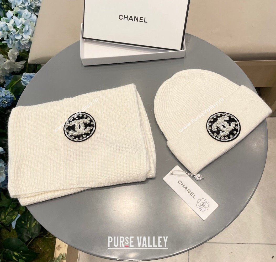 Chanel Knit Scarf and Hat Set White 2024 1129 (A-241129016)