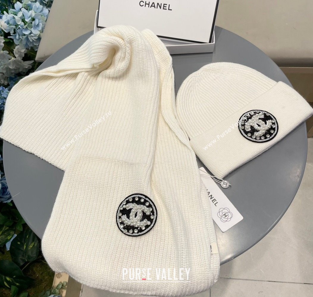 Chanel Knit Scarf and Hat Set White 2024 1129 (A-241129016)