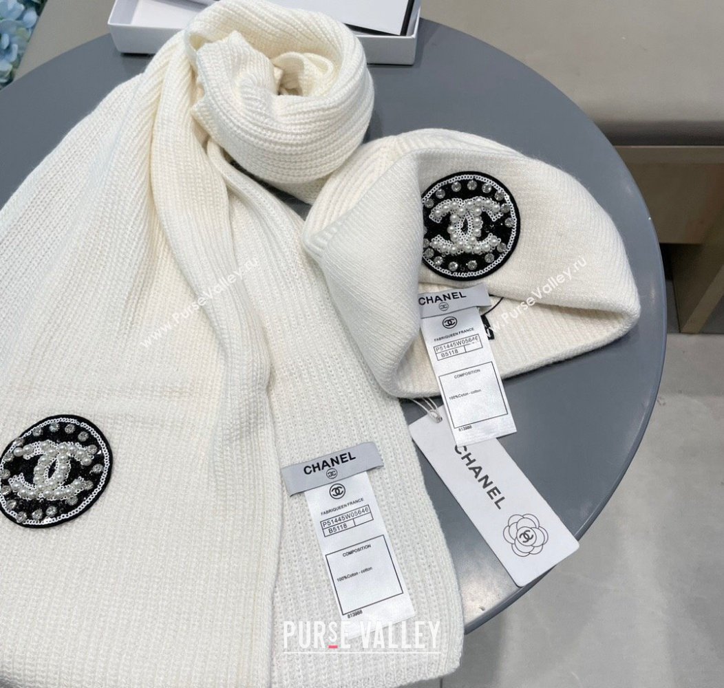 Chanel Knit Scarf and Hat Set White 2024 1129 (A-241129016)