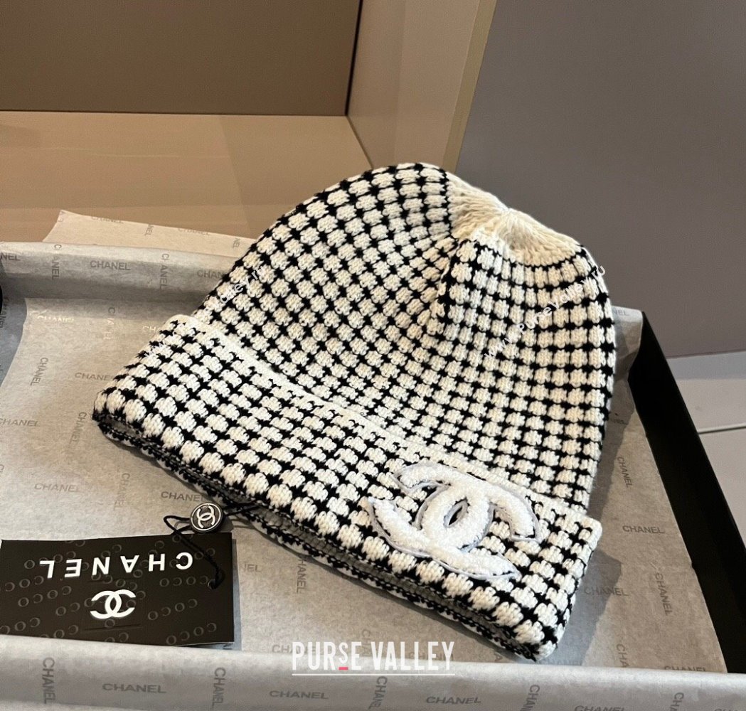 Chanel Houndstooth Knit Hat Black/White 2025 0115 (XMN-250115001)