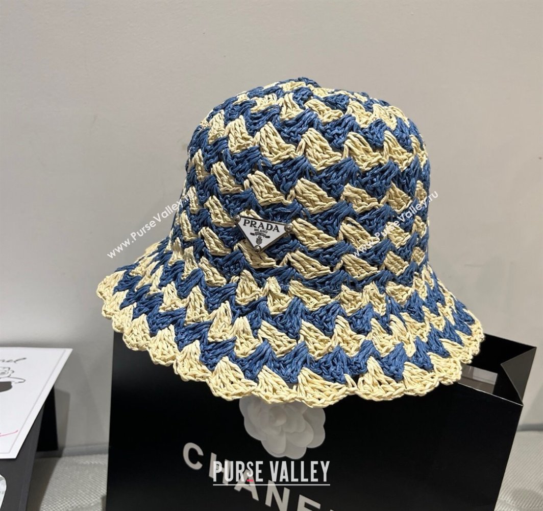 Prada Triangle Straw Bucket Hat Beige/Blue 2025 (XMN-250318083)