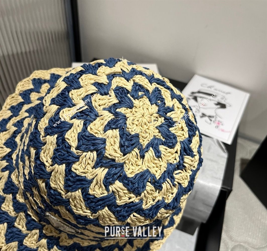 Prada Triangle Straw Bucket Hat Beige/Blue 2025 (XMN-250318083)