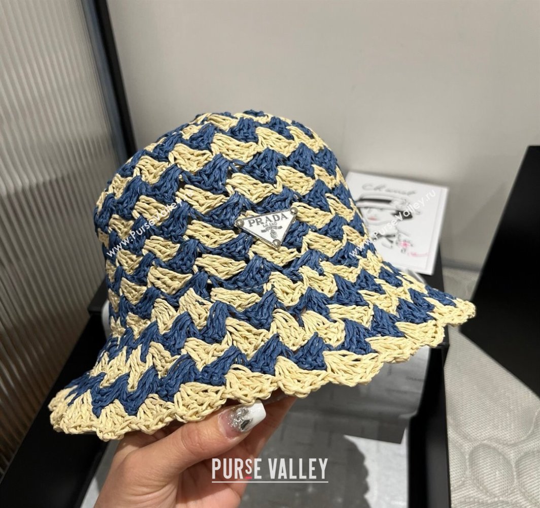 Prada Triangle Straw Bucket Hat Beige/Blue 2025 (XMN-250318083)