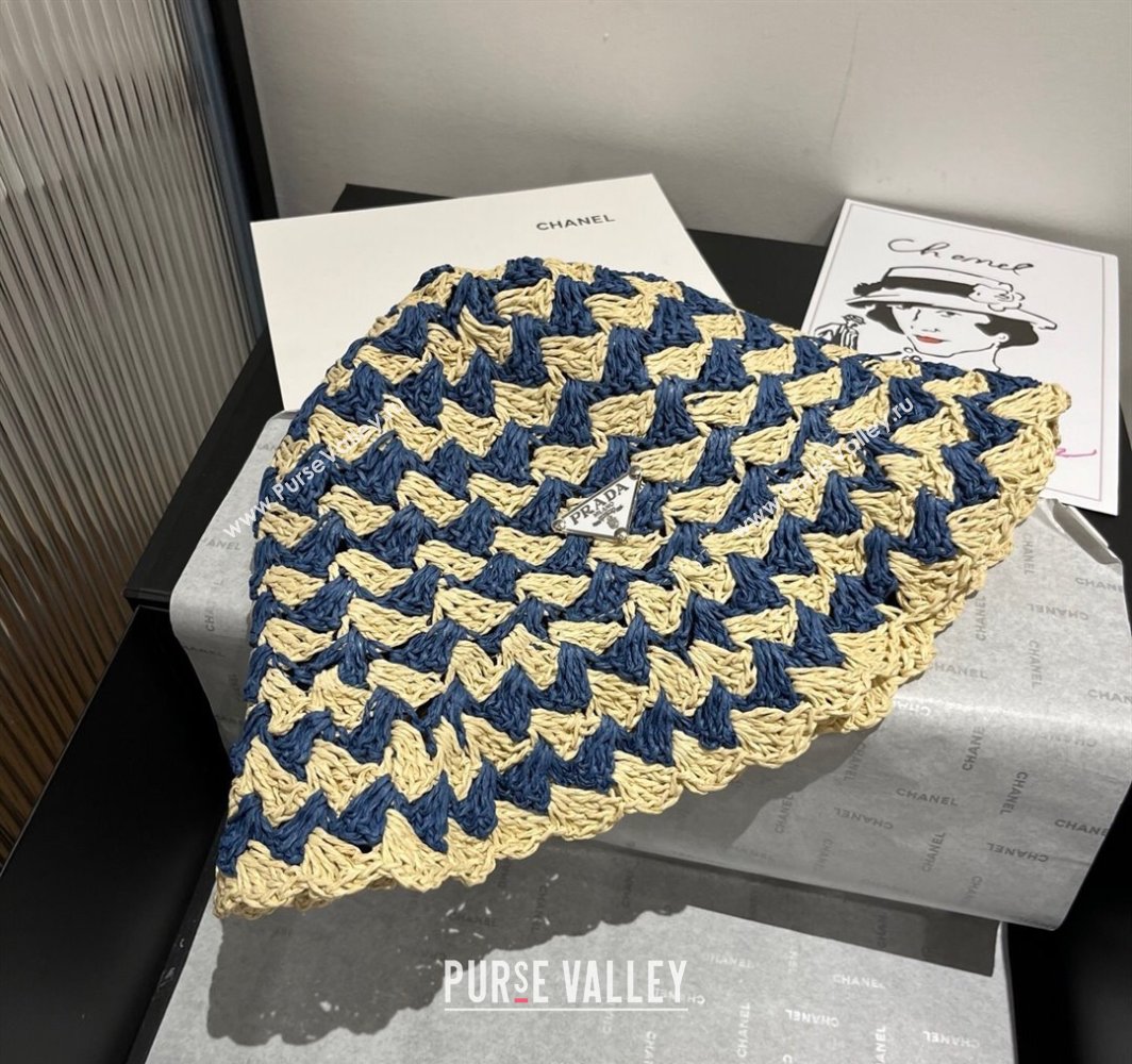 Prada Triangle Straw Bucket Hat Beige/Blue 2025 (XMN-250318083)