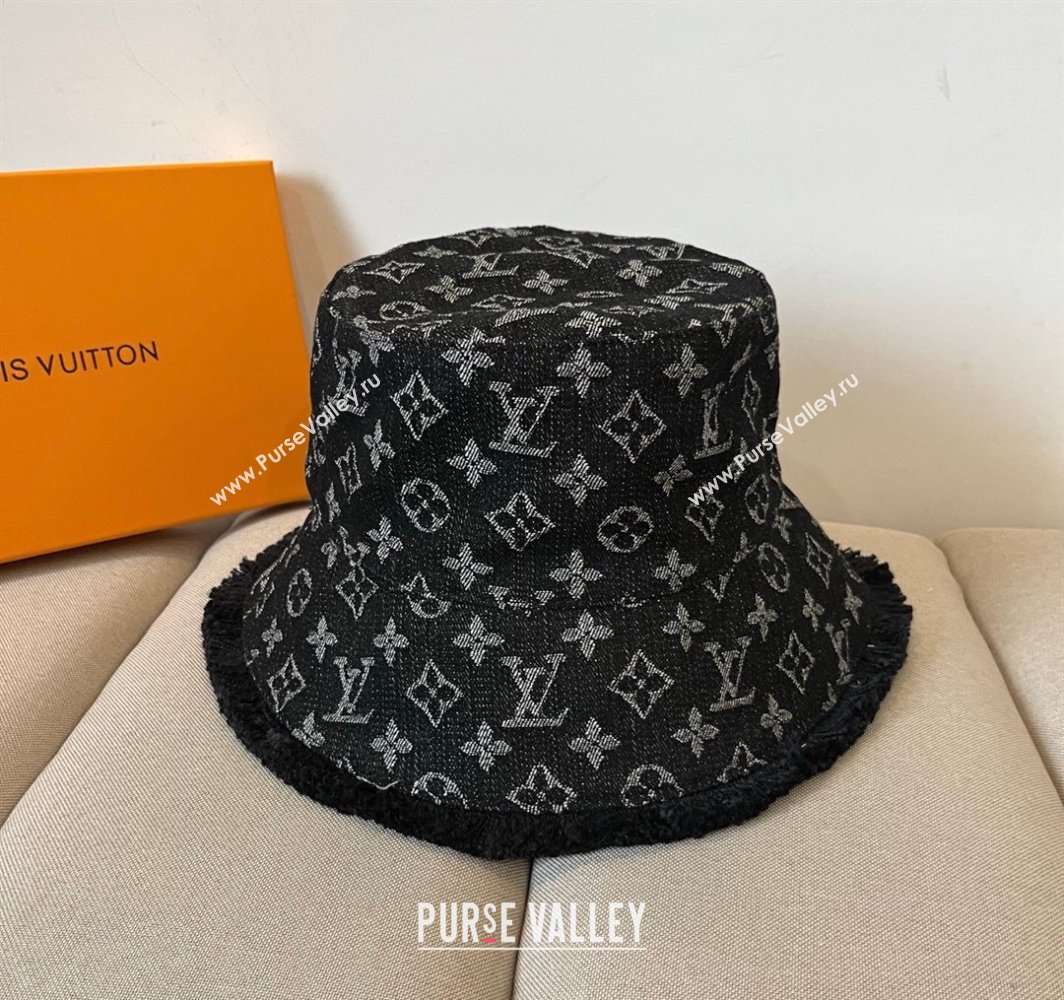 Louis Vuitton Monogram Denim Bucket Hat with Fringe Trim Black 2025 (XMN-250318036)