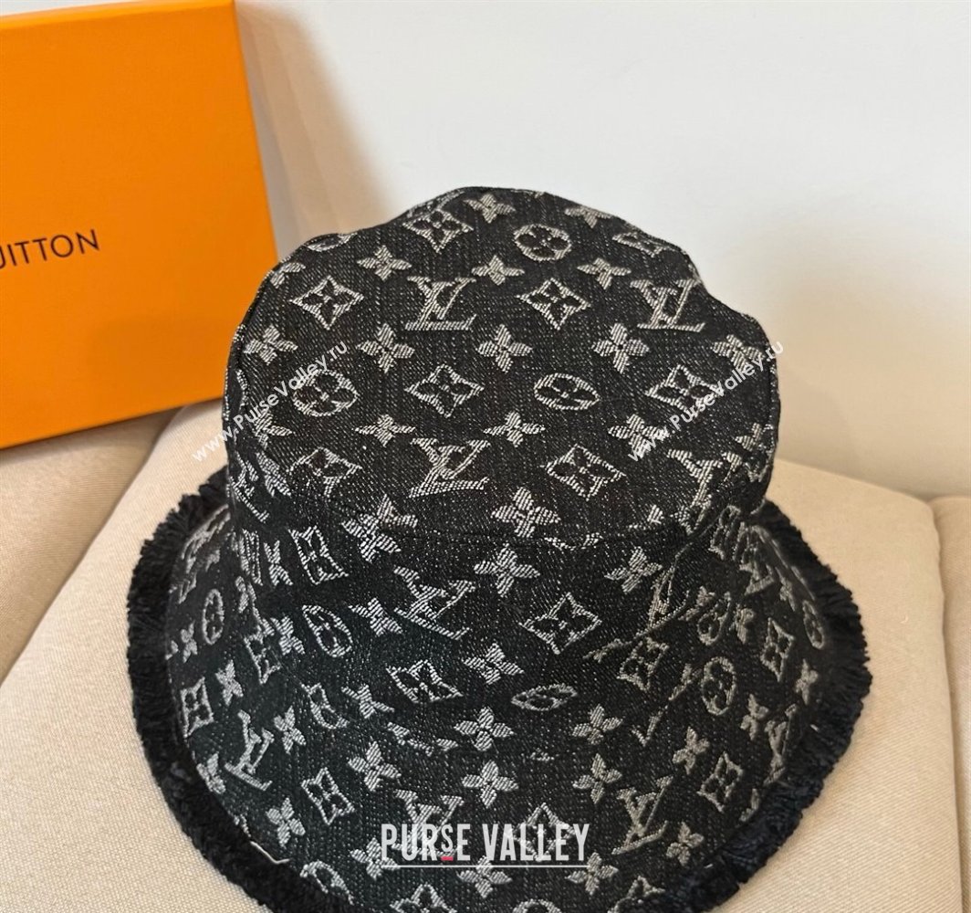 Louis Vuitton Monogram Denim Bucket Hat with Fringe Trim Black 2025 (XMN-250318036)