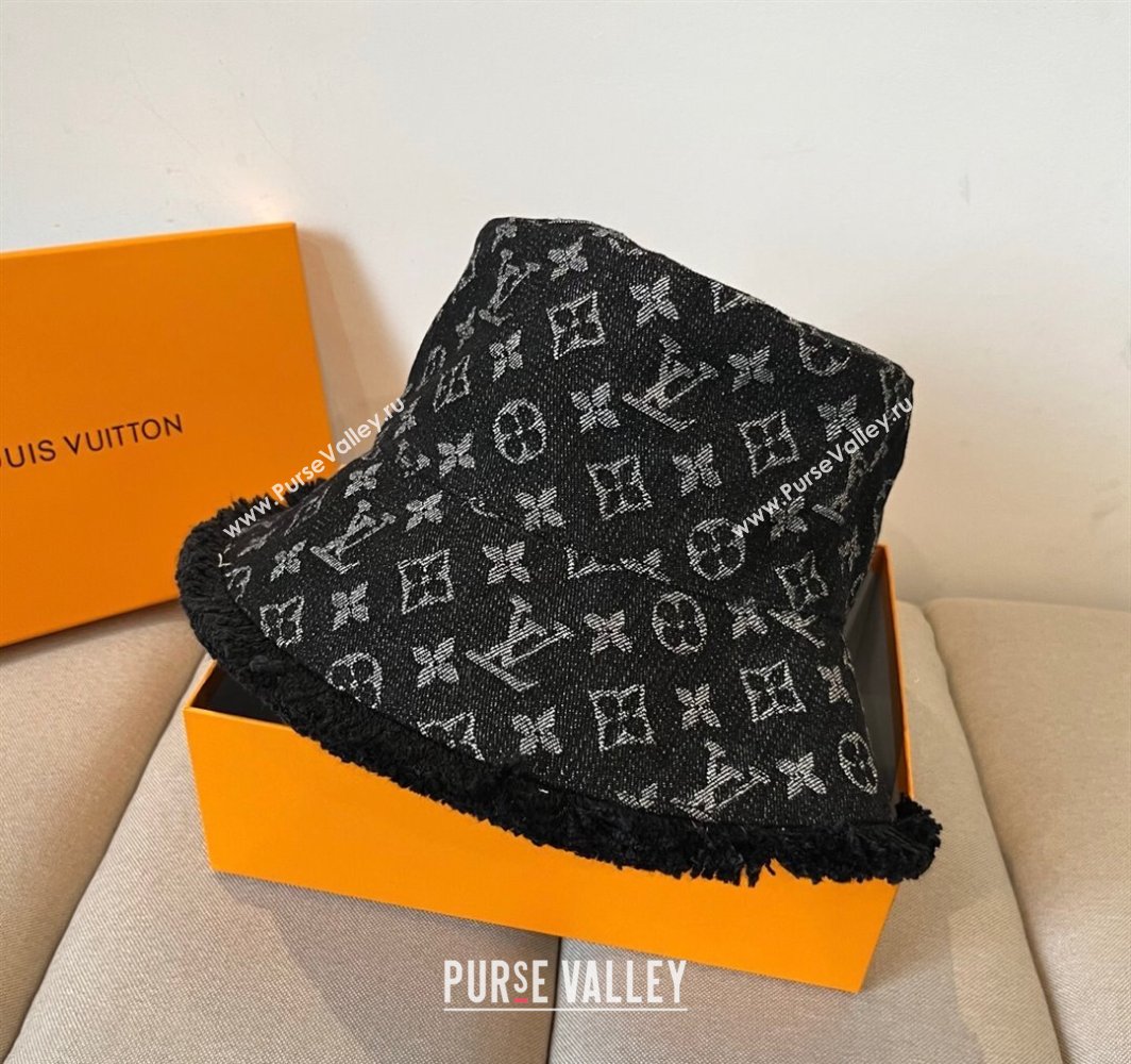 Louis Vuitton Monogram Denim Bucket Hat with Fringe Trim Black 2025 (XMN-250318036)