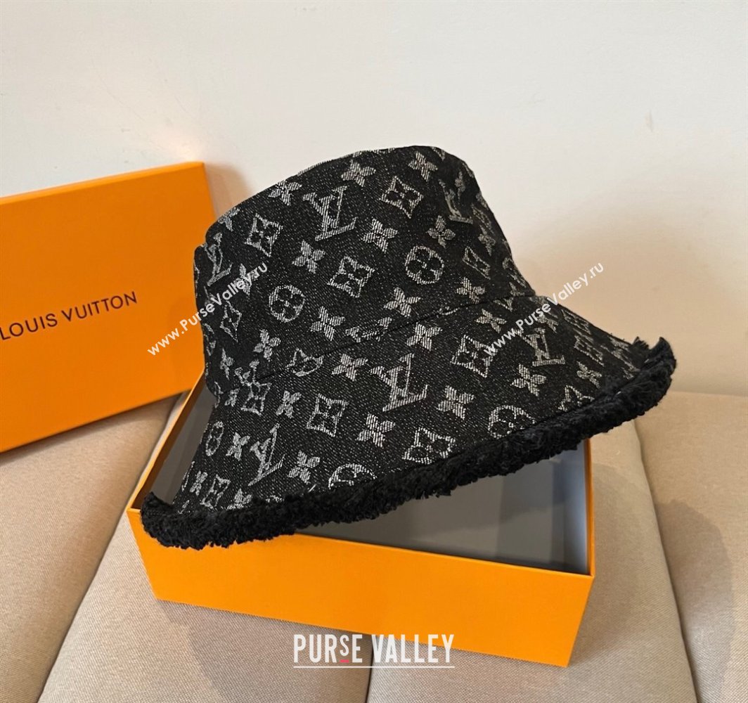 Louis Vuitton Monogram Denim Bucket Hat with Fringe Trim Black 2025 (XMN-250318036)