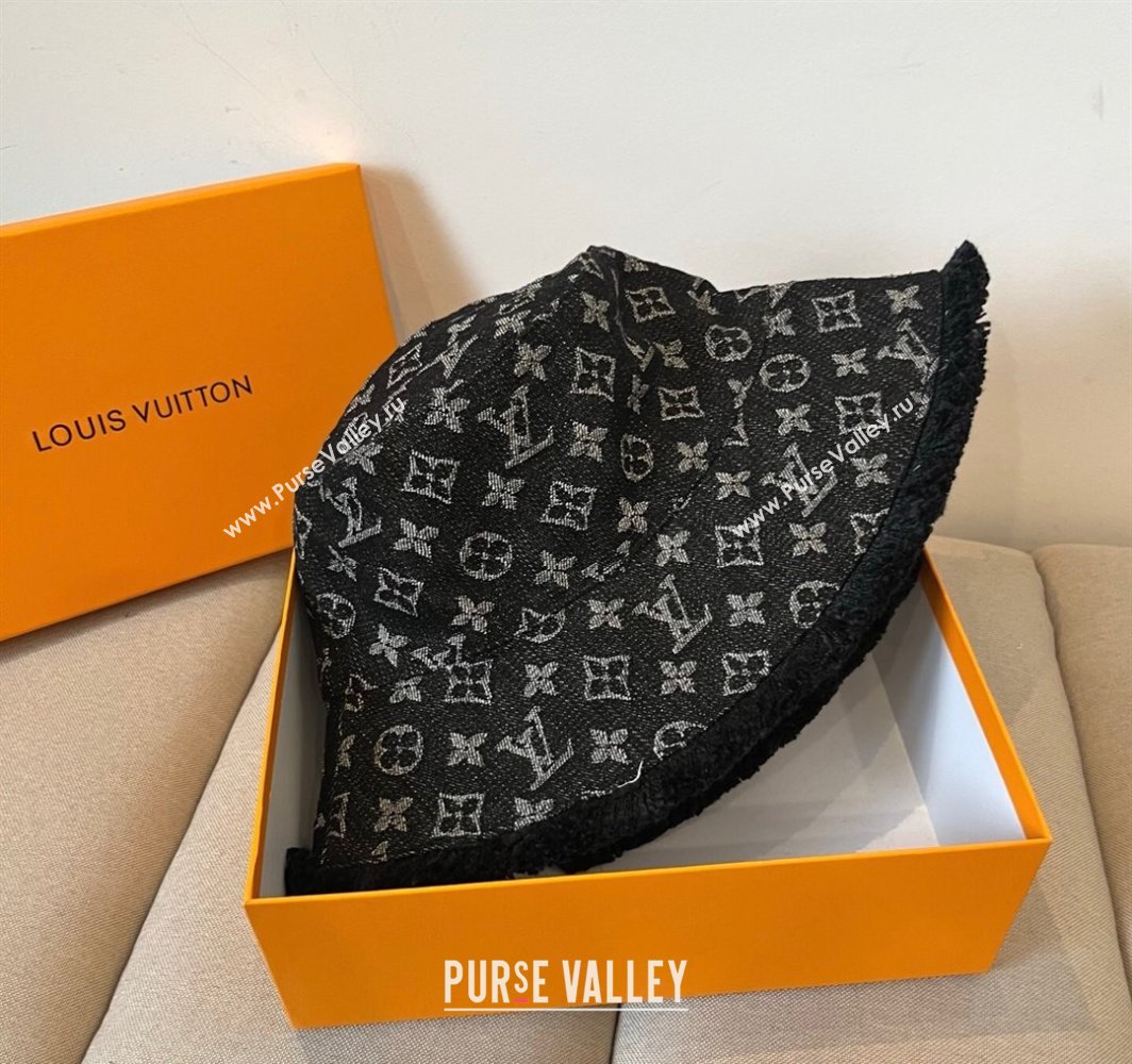 Louis Vuitton Monogram Denim Bucket Hat with Fringe Trim Black 2025 (XMN-250318036)