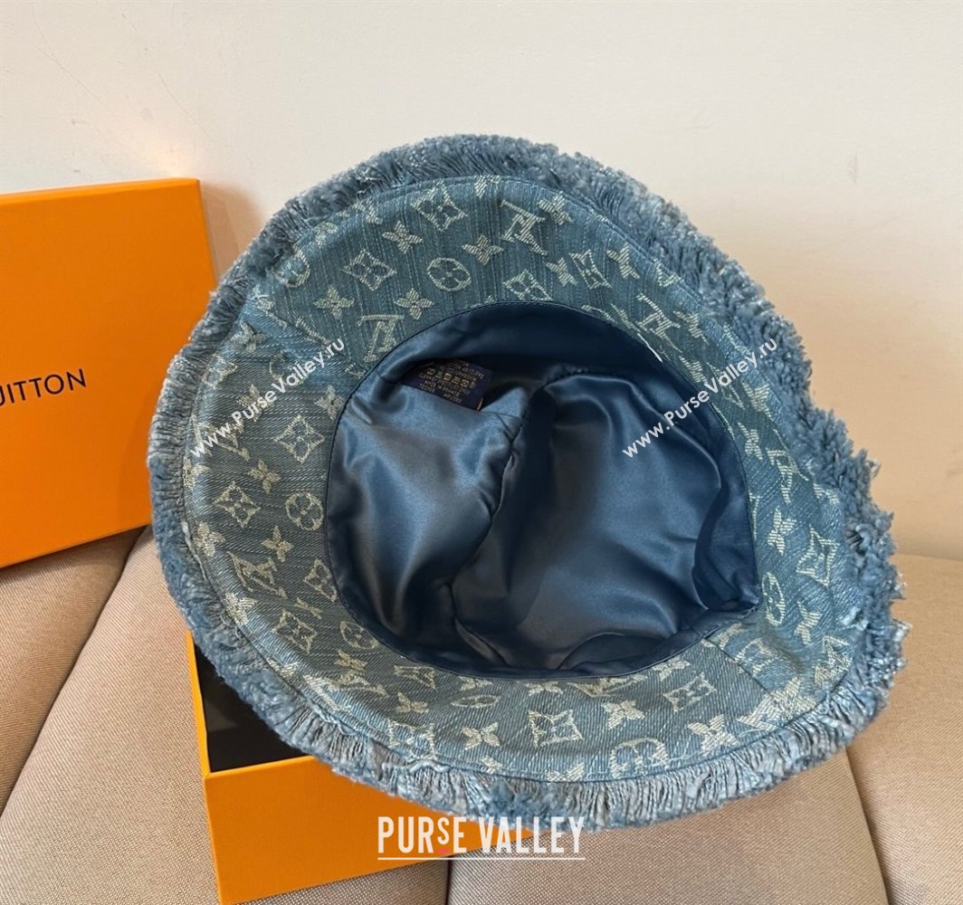 Louis Vuitton Monogram Denim Bucket Hat with Fringe Trim Light Blue 2025 (XMN-250318037)