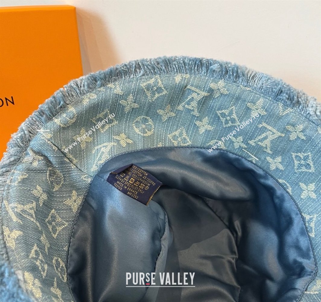 Louis Vuitton Monogram Denim Bucket Hat with Fringe Trim Light Blue 2025 (XMN-250318037)