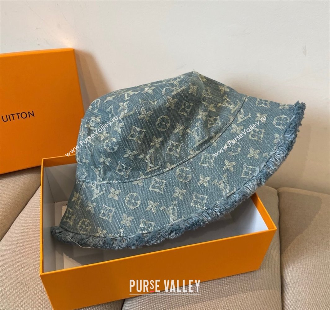 Louis Vuitton Monogram Denim Bucket Hat with Fringe Trim Light Blue 2025 (XMN-250318037)