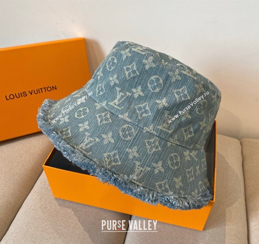 Louis Vuitton Monogram Denim Bucket Hat with Fringe Trim Light Blue 2025 (XMN-250318037)