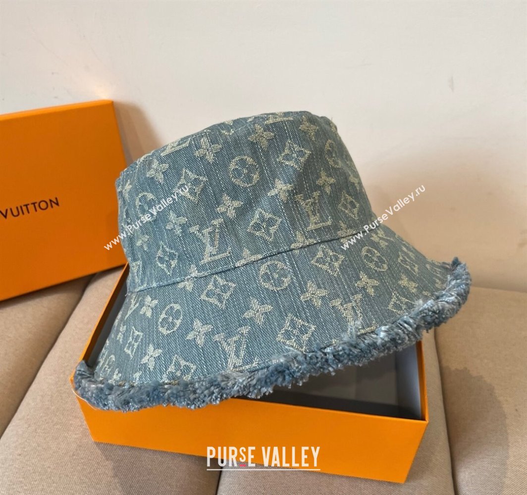 Louis Vuitton Monogram Denim Bucket Hat with Fringe Trim Light Blue 2025 (XMN-250318037)