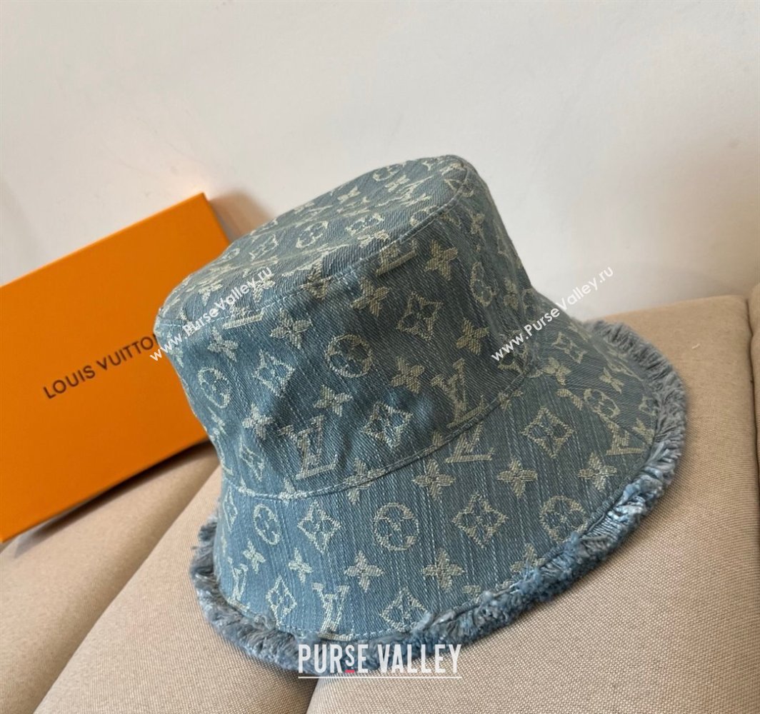 Louis Vuitton Monogram Denim Bucket Hat with Fringe Trim Light Blue 2025 (XMN-250318037)